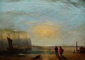 
	
		Provincial School, mid/late 19th century- Seascape with chalk cliffs and fisherfolk at...