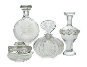 
	
		Marie-Claude Lalique (1935-2003), a clear and frosted glass  scent bottle and stopper
		