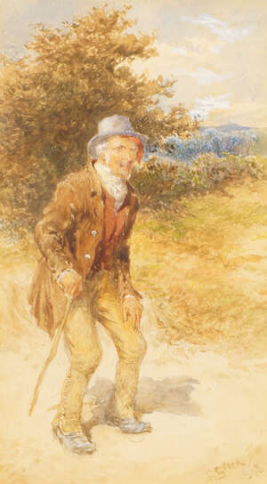 
	
		Charles Green, British 1840-1898- Old man on a country track; watercolour, signed and...