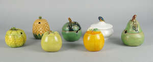 
	
		Two Royal Doulton Stoneware preserve pots and lids shaped as an apple and a pear...