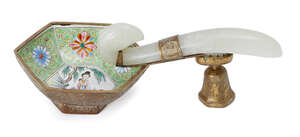 
	
		A Chinese pale green jade belt hook, mid-20th century, carved with phoenix head terminal...