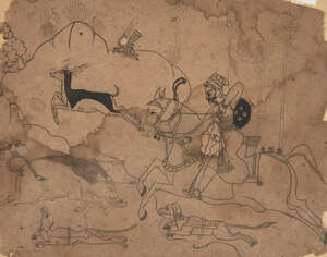 
	
		A drawing of a Raja hunting boar, Kotah, Rajasthan. North India, 19th century, ink on...