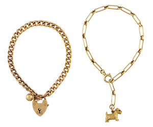 
	
		Two bracelets, comprising: a curb link example with heart-form padlock clasp, length...