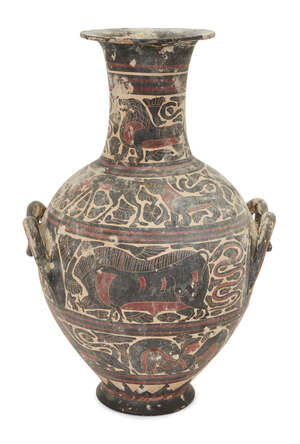 
	
		A Corinthian style amphora with bulbous body, double looped handles and cylindrical neck,...