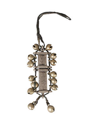 
	
		A Sino-Tibetan white metal two-section container, mid-19th century, with string binding...