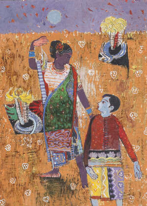 
	
		Baburao Sadwelkar, 1918-2000, Generations signed and dated 54 to left, unframed, 19 x...