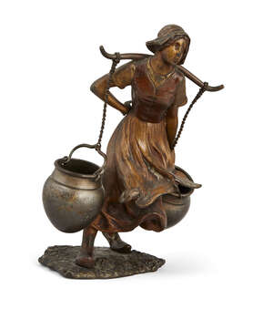 
	
		FranzBergman (1838-1894) Cold painted bronze of a Dutch milk maid, bears stamped ewer to...