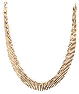 A 9ct gold necklace, of fancy link design suspending a graduated fringe of rectangular links, Birmingham hallmarks, 1985, with replacement bolt ring clasp, gro