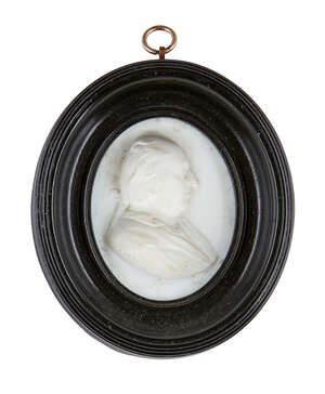 
	
		British School, a white paste portrait relief of I I Weitbrecht, inscribed I.I....