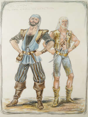 
	
		Berkeley Sutcliffe, British, 1918-1979, a costume design for the Tempest, inscribed in...