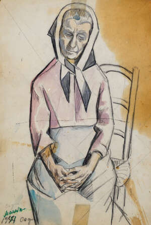 
	
		Marie Vorobieff Marevna, Russian 1892-1984- Peasant woman, 1944; watercolour, black crayon,...