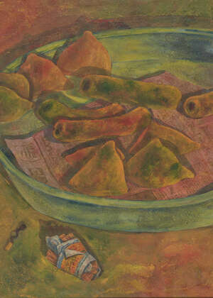 
	
		Radha Binod Sharma, Indian b.1964- Vegetables in a pan; acrylic on canvas laid down on...