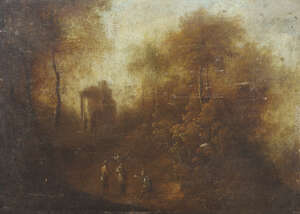 
	
		French School, mid-late 18th century- Figures in a woodland glade with a ruin; oil on...