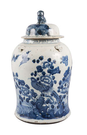 
	
		A large Chinese porcelain temple jar and cover, 19th century, painted in underglaze blue...