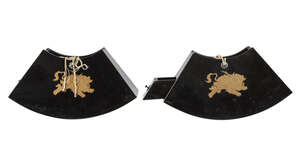 
	
		A pair of Japanese black lacquer fan shaped boxes, early 20th century, with single drawer...