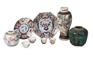 
	
		Ten pieces of Oriental pottery, 18th-20th century, comprising a famille rose jar, a...