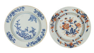 
	
		Two Chinese export porcelain plates, 18th century, one painted in the imari palette with...