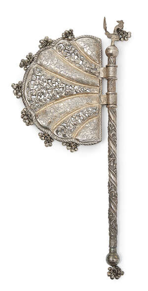 
	
		A silver ceremonial axe, India, early 20th century, the fan-shaped head formed of...