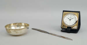 A Carr's Contemporary Collection travelling clock, with a silver and leather case, marked 925,...