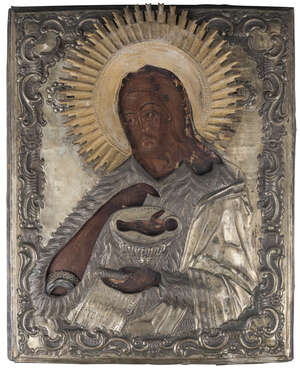 
	
		A Russian icon of St. John the Baptist, 19th century, with embossed metal oklad and gilt...
