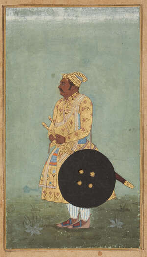 
	
		A standing courtier, Deccan, India, 18th century, opaque pigments heightened with gilt on...