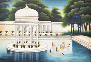 
	
		Krishna and consorts bathing near a pavilion, Rajasthan, India, circa 1920, opaque...