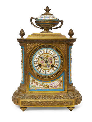 
	
		A French gilt-bronze and Sevres-style porcelain mounted mantle clock, c.1880, the case...