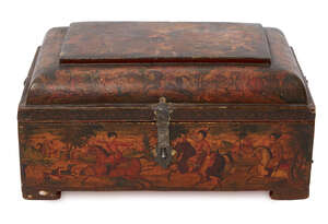 
	
		A Qajar lacquer papier mache box, Iran, 19th century, of rectangular form on four feet,...