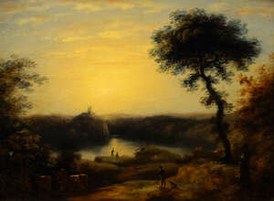 
	
		Continental School, mid 19th century- Riverscape with distant castle and cattle herder in...