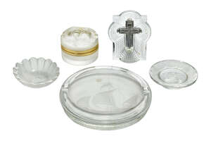 
	
		René Lalique (1860-1945), a clear and frosted glass crucifix with metal easel support
		