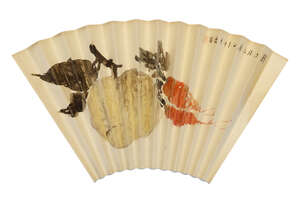 
	
		TANG DIN ZHI (1878-1948), ink and colour on unmounted paper fan, apple and carrots, 21 x...