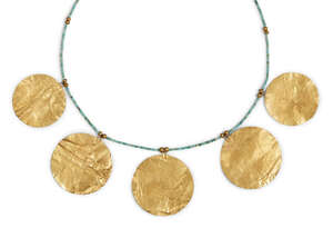 An ancient and modern sheet gold and turquoise necklace, comprised of five large flat gold discs on a string of  very small turquoise faience beads and gold be