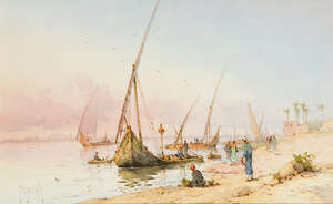 
	
		Spyridon Scarvelli, 
		Greek 1868-1942- 
		 
		On the banks of the River Nile, near...