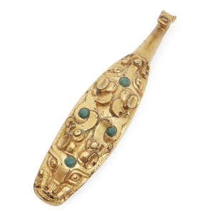 
	
		A Chinese gilt-bronze belt hook, Eastern Zhou dynasty, the broad arched shaft cast in...