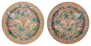 
	
		A pair of Chinese porcelain chargers, early 19th century, painted in famille rose enamels...