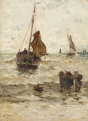
	
		George Bunn, 
		 
		American / Belgian, fl. 1887-1898- 
		 
		Fishing vessel coming...
