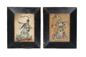 
	
		A pair of small theatrical tinsel pictures of Mr Honner as the Fire King and Mr Almar as...