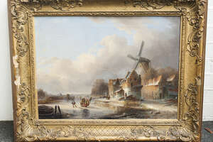 
	
		Attributed to Charles Henri Joseph Leickert,
		Belgian 1818-1907-
		 
		Frozen river...
