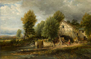 
	
		Henry Jutsum, 
		British 1816-1869- 
		 
		Tranquil river landscape with figures by a...