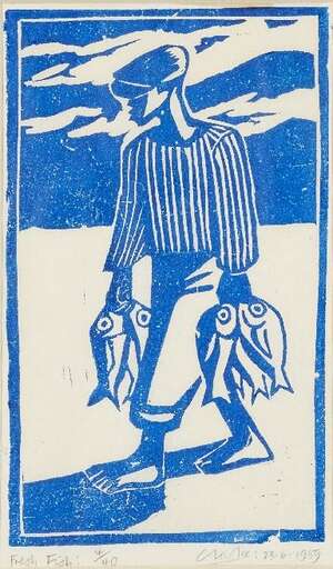 
	
		Peter Clarke,
		South African 1929-2014-
		 
		Fresh Fish, 1959;
		 
		woodblock print...