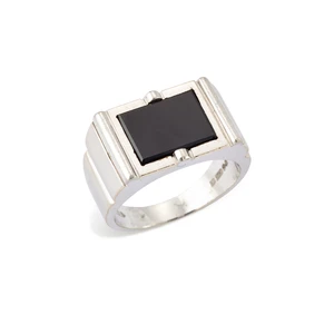 An 18ct white gold onyx ring, set with a rectangular onyx plaque, to a geometric design mount,...