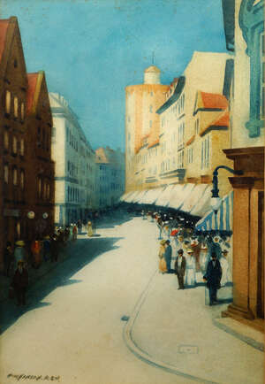 
	
		Hans Hansen RSW, 
		British 1853-1947- 
		 
		Busy Northern European Street scene;...