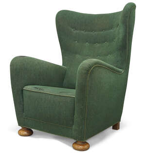 
	
		Attributed to Fritz Hansen, 
		Model '1672' armchair, circa 1945, 
		Green wool...