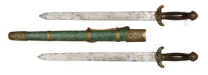 
	
		A Chinese double sword (shuang jian), 19th century, with shagreen and brass mounted...