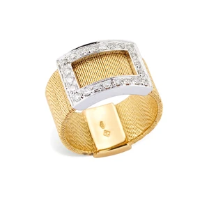 A diamond set ring, composed of an open rectangular plaque, set with brilliant-cut diamonds, the...
