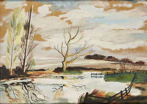 
	
		Rowland Suddaby, 
		British 1912-1972- 
		 
		 Winter landscape with pond;  
		 
		