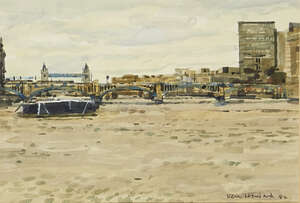 
	
		Ken Howard OBE RA,
		British b.1932- 
		 
		Blackfriars Bridge from Southwark, 1982;...