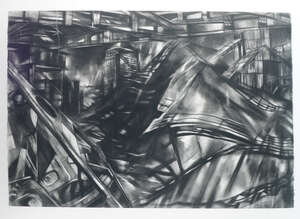 
	
		Martin Filler, British 20th/21st century- Canary Wharf; charcoal, signed indistinctly, 56...