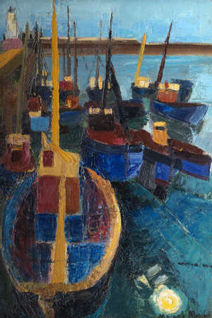 
	
		Margaret (Grete) Marks, German/British 1899-1990- Fishing Boats, Newlyn; oil on board,...