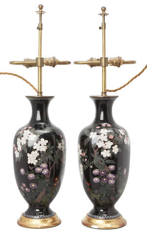 
	
		A pair of Japanese cloisonné enamel vases, late 19th/early 20th century, decorated with...